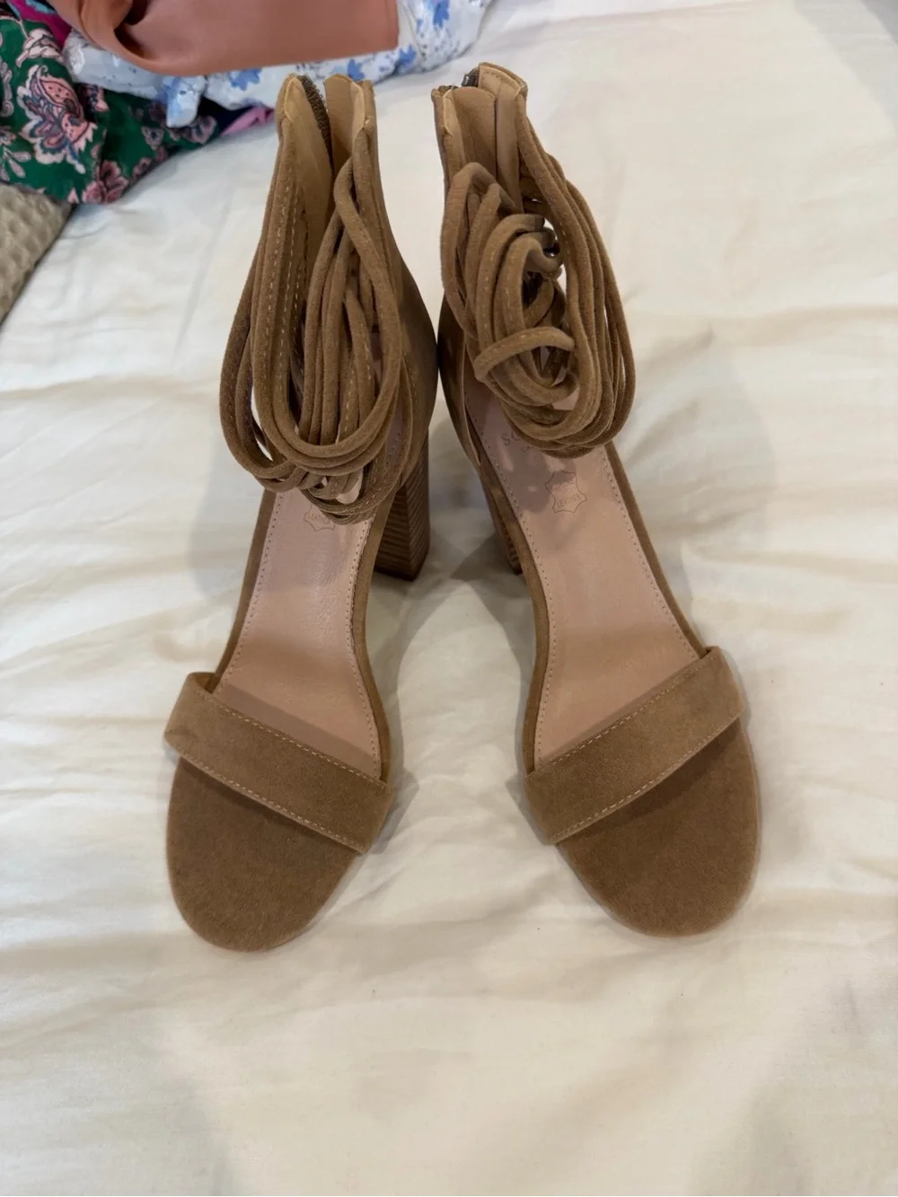 Strappy Ankle-Tie Block Heel Sandals in Tan